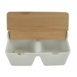 Saleiro de Mesa com 2 Divisórias de Cerâmica e Tampa de Bambu e Colher Bianco 20cm X 9cm - 4