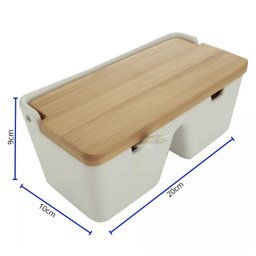 Saleiro de Mesa com 2 Divisórias de Cerâmica e Tampa de Bambu e Colher Bianco 20cm X 9cm - 2