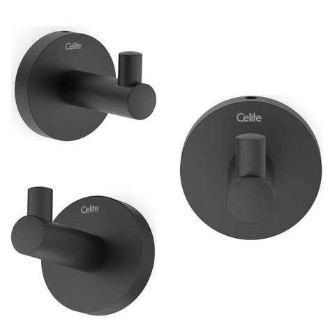 Kit com 3 Cabide New Linha City Banheiro Metal Preto/Matte Celite
