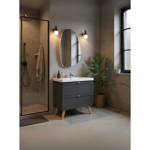 Gabinete para Banheiro com Cuba e Espelho Organico 80cm Retro Mdf Grafite Milano - On Móveis