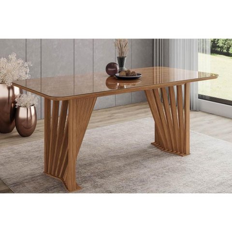 Mesa P/ Cozinha Adriana Sc46 C/ Tampo Madeirado C/ Vidro Curvo 200x80cm Nature - Henn