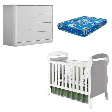 Berço Americano Danny e Cômoda Infantil Eloá Branco Acetinado com Colchão Ortobom - Phoenix Baby