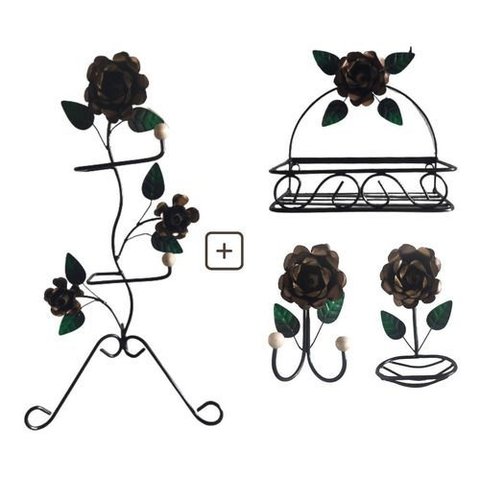 Kit para Banheiro 4 Peças em Ferro com Rosas:marron
