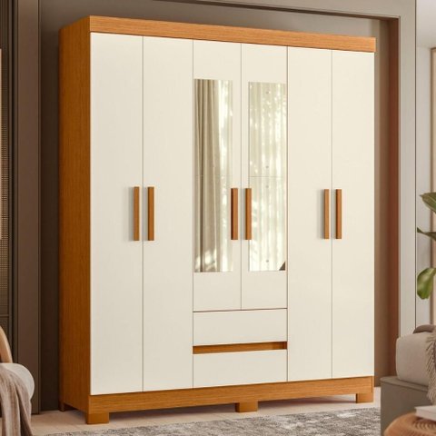 Armário de Quarto com Espelho e Prateleiras 6 Portas