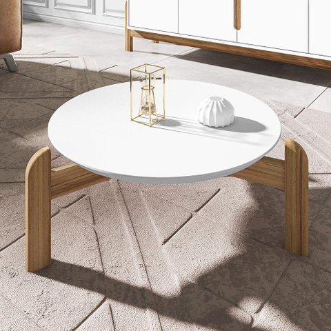 Mesa de Centro Lizz Redonda com Pés em Madeira Maciça Branco/cedro
