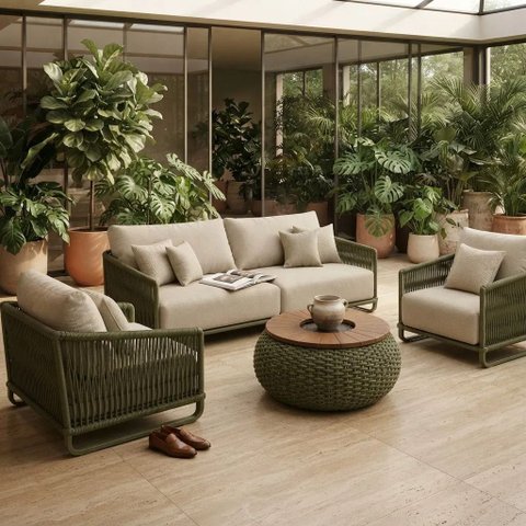 Conjunto Sofa Corda Nautica Santorini Exclusive Verde Militar e Lisato Bege