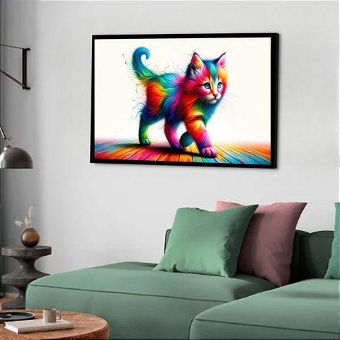 Quadro Decorativo Gato Caminho Colorido - 50x70cm:moldura Preta