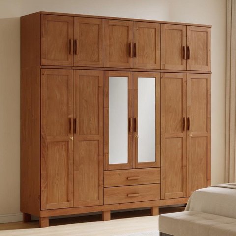 Guarda Roupa Casal com Espelho 12 Portas 2 Gavetas Madeira Maciça Lorie F06 Castanho - Lyam Decor