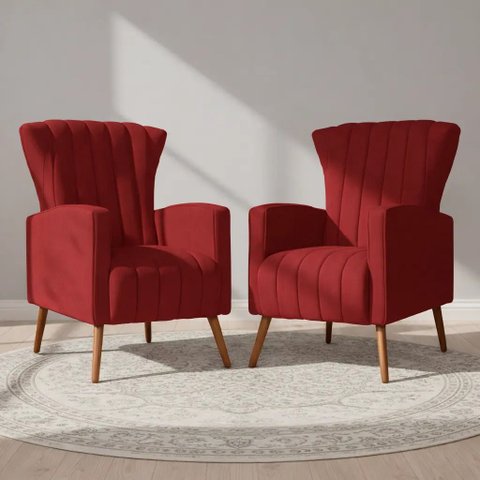 Kit 2 Poltronas Estofada Melinda Sala Recepção Suede:Vermelho/Liso