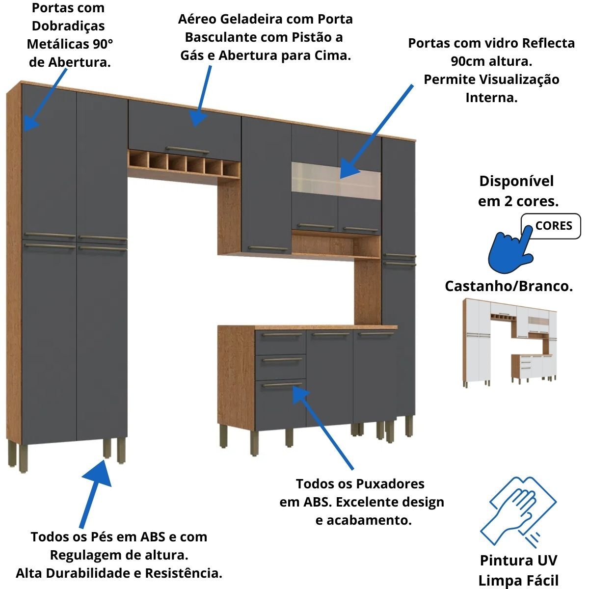 Cozinha Completa Nápoli Prime 5 Peças 13 Portas 2 Gavetas Armário Balcão Com Tampo Castanho/ - Casta - 3