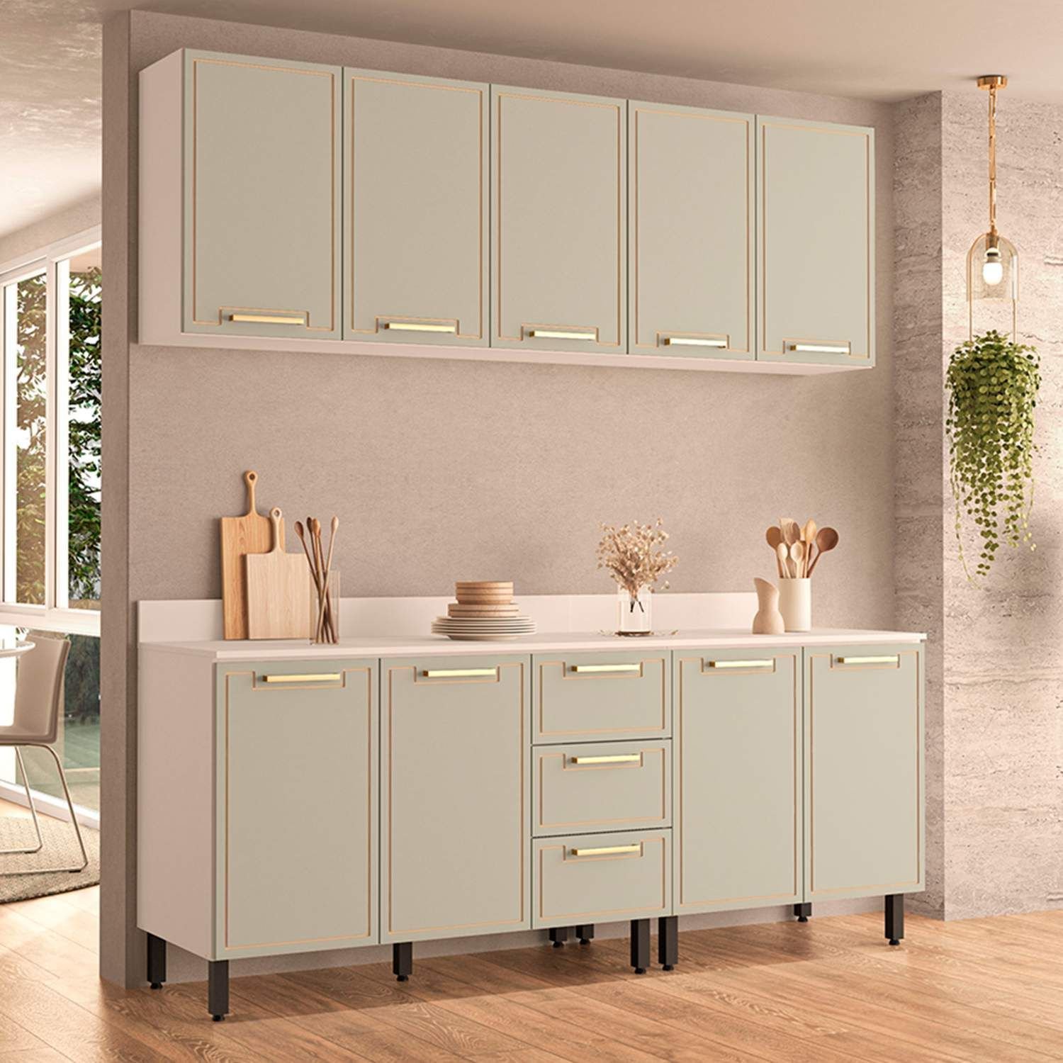 Armário de Cozinha Modulada Completa 4 Peças 200cm com Tampo 100% Mdf ...