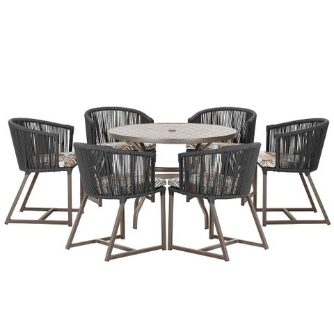 Mesa com 6 Cadeiras de Jantar Roma 120cm e Noronha em Alumínio Marrom Corda Náutica Estofado 6 Trama