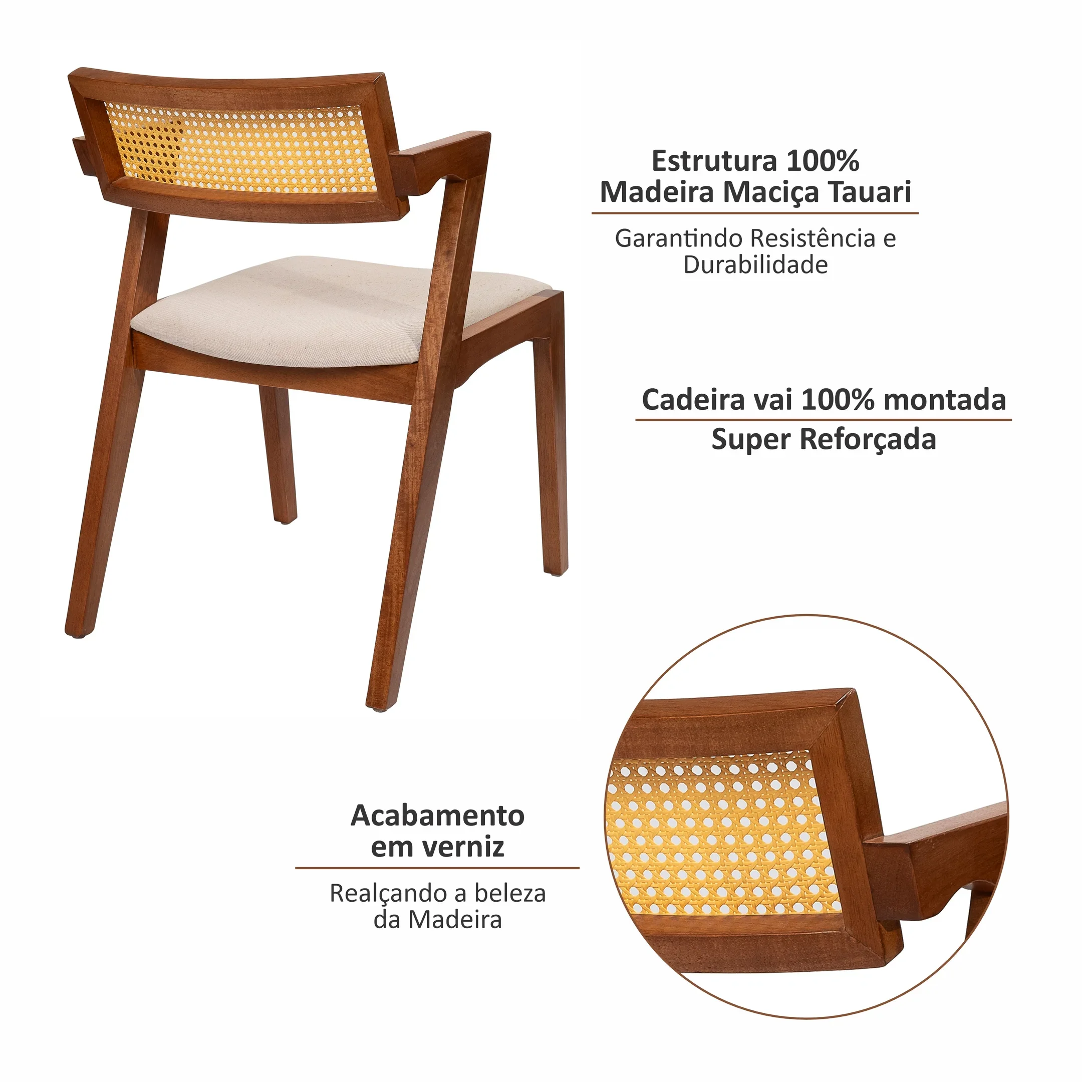 Kit 2 Cadeiras de Madeira Maciça Tauari e Rattan Natural com Assento Estofado Zahara Living Outdoor  - 6