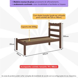 Cama de Solteiro Madeira Maciça com Colchão Incluso Multimóveis - 4