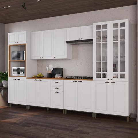Armário de Cozinha Modulada Completa Fidelitá Nara 100% MDF 6 Peças 350cm 18 Portas 2 Gavetas com