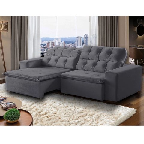 Sofá Retrátil Reclinável 6 Lugares 290cm com Pillow Veludo Cinza Alasca Megasul