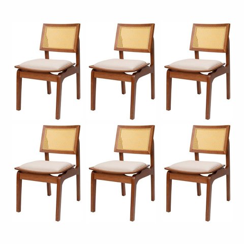Kit 6 Cadeiras de Madeira Maciça Tauari e Rattan Natural Assento Estofado Daren Living Outdoor Espre