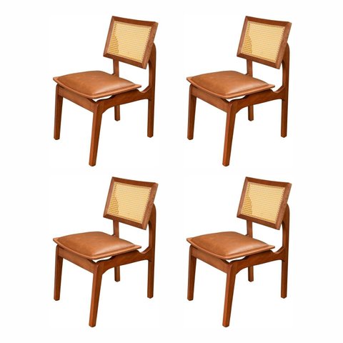 Kit 4 Cadeiras de Jantar Madeira 100% Maciça Tauari e Rattan Natural com Assento Estofado Daren Li