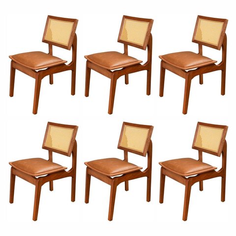 Kit 6 Cadeiras de Jantar Madeira 100% Maciça Tauari e Rattan Natural com Assento Estofado Daren Li
