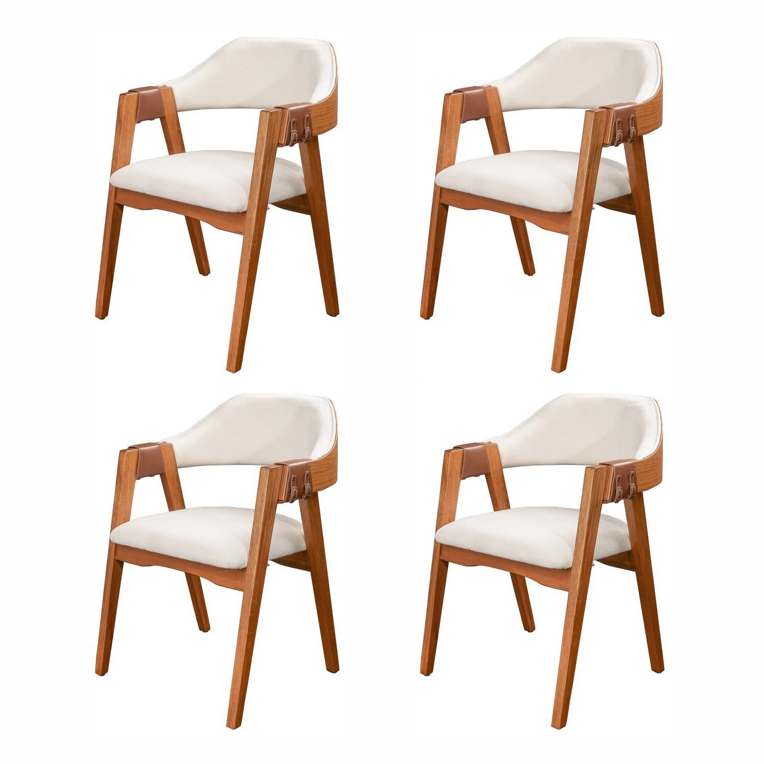 Conjunto com 4 Cadeiras de Madeira 100% Maciça, Estofada e Braço em Couro Original Bélgica Living ou
