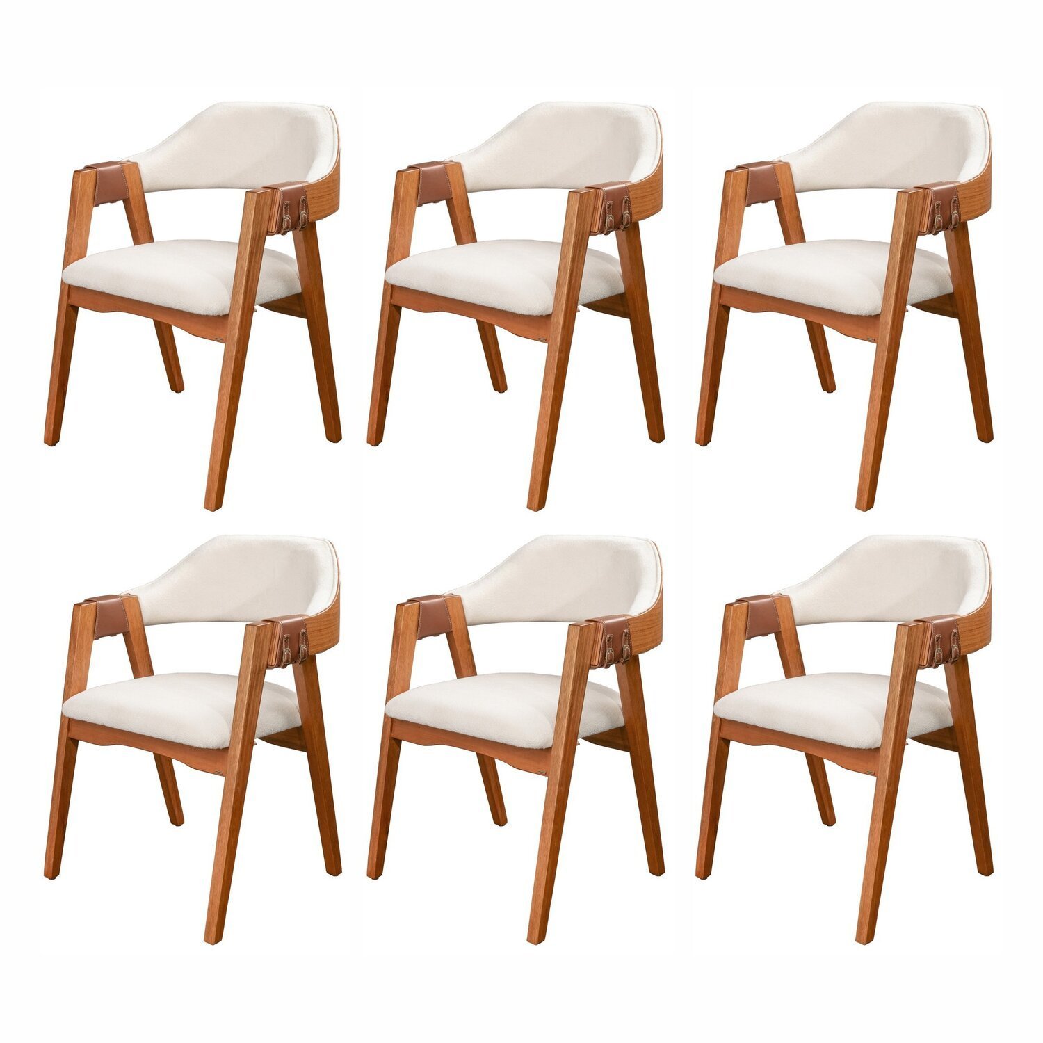 Conjunto com 6 Cadeiras de Madeira 100% Maciça, Estofada e Braço em Couro Original Bélgica Living ou