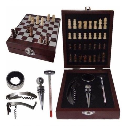 Kit Abridor de Vinho 4 Peças Maleta e Jogo Xadrez de Madeira