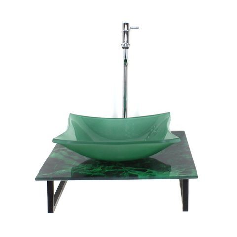 Gabinete de Vidro com Cuba Quadrada com Tampo de Vidro 40cm X 40cm Mármore Verde Mais Torneira Metal