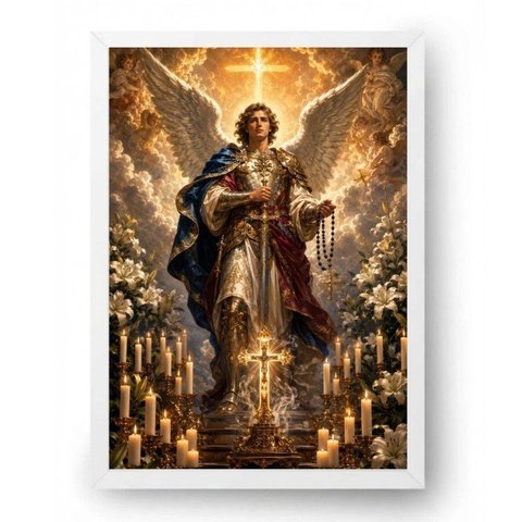 Quadro São Miguel Barroco com Luz Celestial 15x21cm Moldura Branca