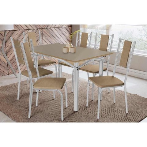 Conjunto: Mesa Sala Jantar Elba Tampo Madeirado C/ Vidro 120cm e 6 Cadeiras Lisboa Cromada/freijo