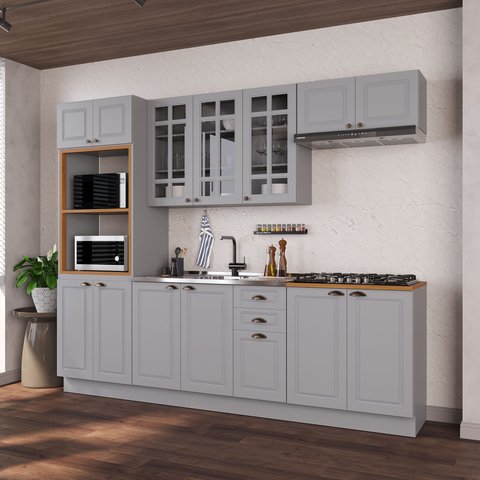 Cozinha Modulada 5 Peças Torre Quente Balcão sem Tampo 2 Aéreos 100% MDF com Vidro Rodapé Bari Cinza/Titanio Fosco
