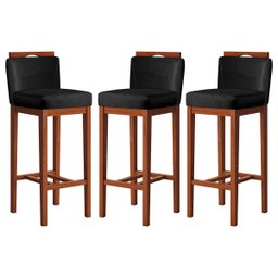Kit 3 Banquetas Alta com Encosto 38x102 Cm Líbia Madeira Maciça Suede Preto CCS - 1