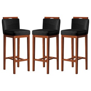 Kit 3 Banquetas Alta com Encosto 38x102 Cm Líbia Madeira Maciça Suede Preto CCS