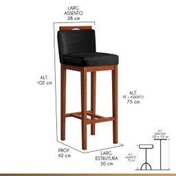 Kit 3 Banquetas Alta com Encosto 38x102 Cm Líbia Madeira Maciça Suede Preto CCS - 2