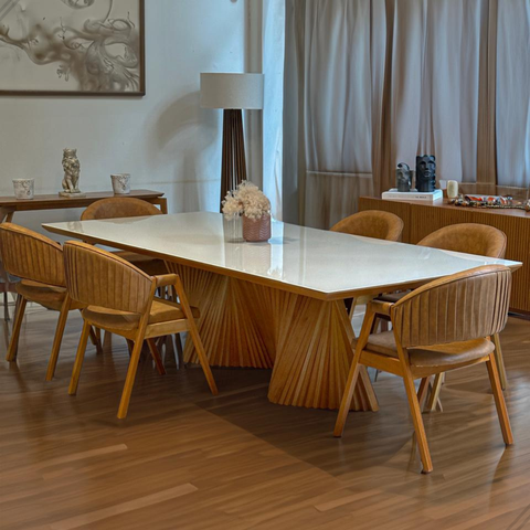 Conjunto Mesa de Jantar Retangular 6 Lugares Dunnas de 180cm:castanho com Vidro Off White