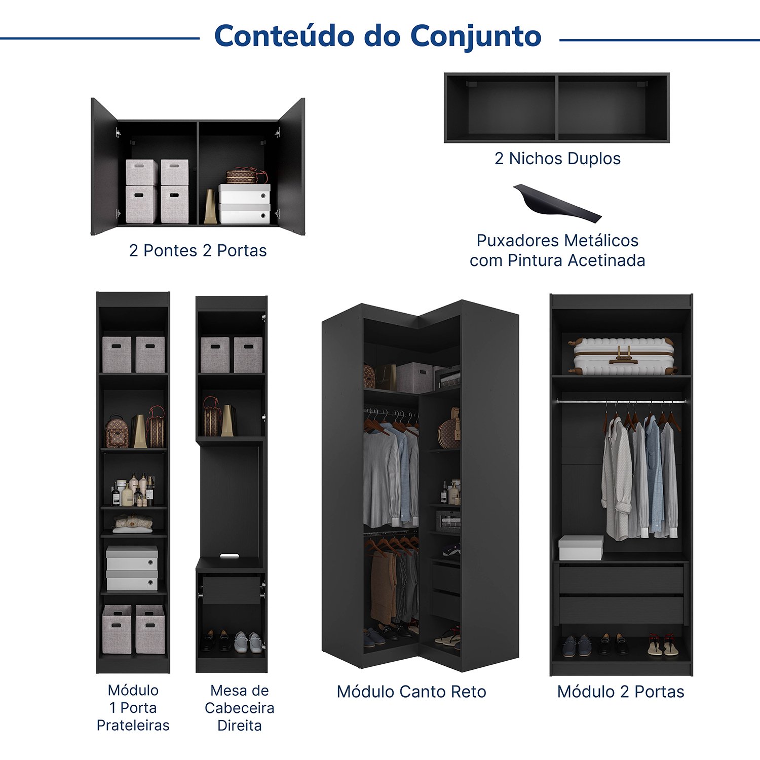 Guarda-roupa Modulado de Canto 11 Portas 8 Peças Hera Cabecasa Madeiramadeira - 4