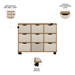 Nicho Organizador 9 Gavetas com Rodízios Freijó-off White - Qmovi - 3
