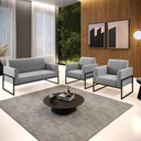 Ver imagem 2 de Sofá Namoradeira com 2 Poltronas Base Industrial Alta Preto Marisa Suede Cinza D03 - D’Rossi