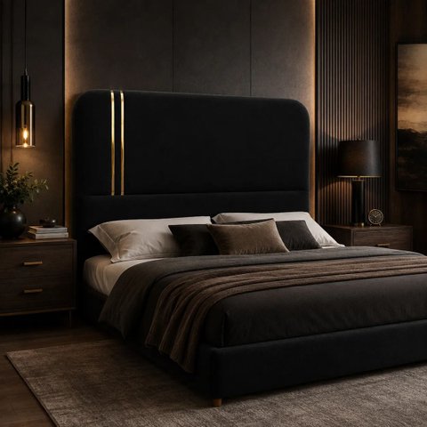 Cabeceira Glória Casal Estofada Boucle com Detalhe Dourado Preto