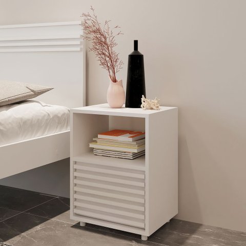 Mesa de Cabeceira Ripada com 1 Gaveta e 1 Nicho CM8042 Branco