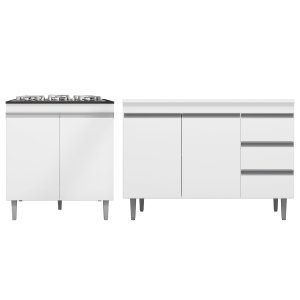 Kit Conjunto Balcão Andréia 100 Cm S/tampo + Balcão Cooktop para Cozinha:branco