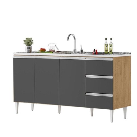 Balcão Salvador 1,60 Mt 3 Gavetas 3 Portas 100% Mdf Amêndoa Grafite