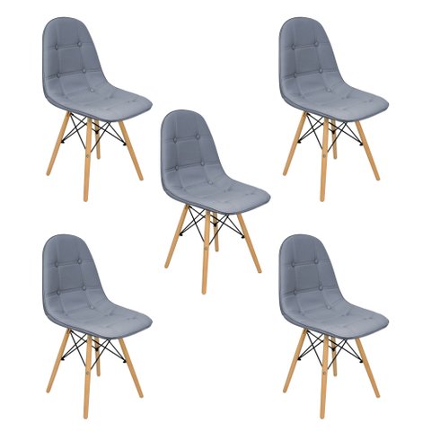 Kit 5 Cadeiras Estofadas Charles Eames Eiffel Botonê com Pés de Madeira Clara Cinza Médio