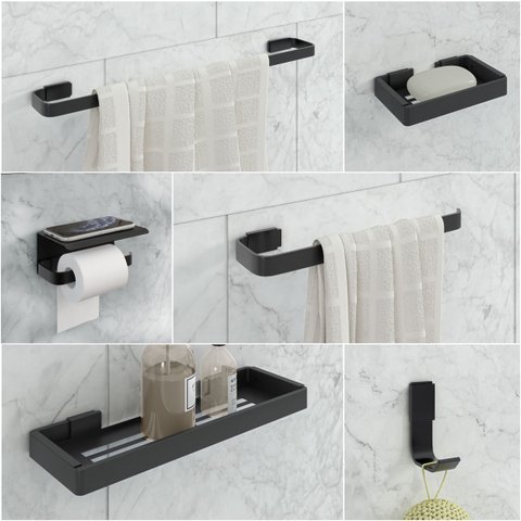 Kit Acessórios para Banheiro Preto 6 Peças C/suporte Celular