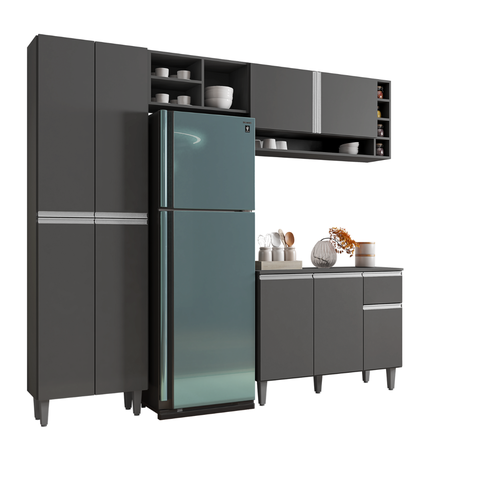 Armário de Cozinha Florença Branco 5 Portas e Nichos Moderno:Cinza