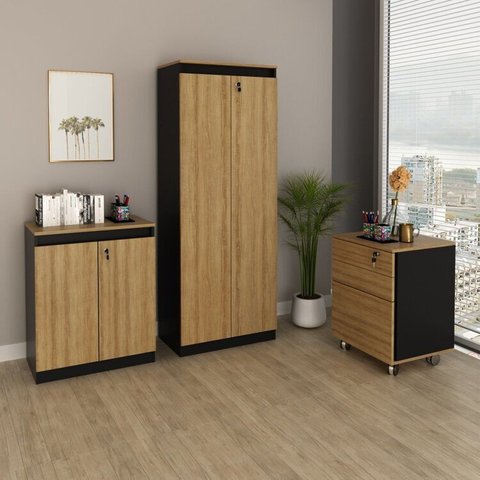 Conjunto 3 Peças com Gaveteiro ME4148, Balcão ME4149 e Armário Alto ME4151 Amêndoa Preto Marrom
