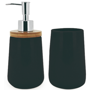 Kit para Banheiro com Dispenser Sabonete Líquido e Porta Escova de Cerâmica e Bambu 2 Peças Mimo - P