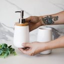 Ver imagem 4 de Kit para Banheiro com Dispenser Sabonete Líquido e Porta Escova de Cerâmica e Bambu 2 Peças Mimo - P