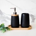 Ver imagem 3 de Kit para Banheiro com Dispenser Sabonete Líquido e Porta Escova de Cerâmica e Bambu 2 Peças Mimo - P