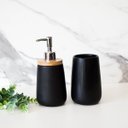 Ver imagem 2 de Kit para Banheiro com Dispenser Sabonete Líquido e Porta Escova de Cerâmica e Bambu 2 Peças Mimo - P