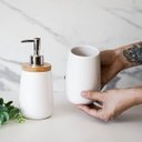 Ver imagem 5 de Kit para Banheiro com Dispenser Sabonete Líquido e Porta Escova de Cerâmica e Bambu 2 Peças Mimo - P